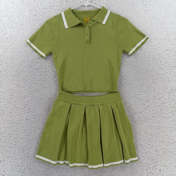 Daisy Dresses & Skirts - Daisy Womens Green Knit 2 Piece Set Polo Top M Pleated Mini Skirt S